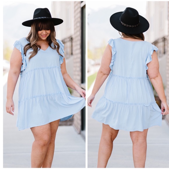 Dresses & Skirts - Cream Blue Tiered Mini Dress (Plus Sizes Available)